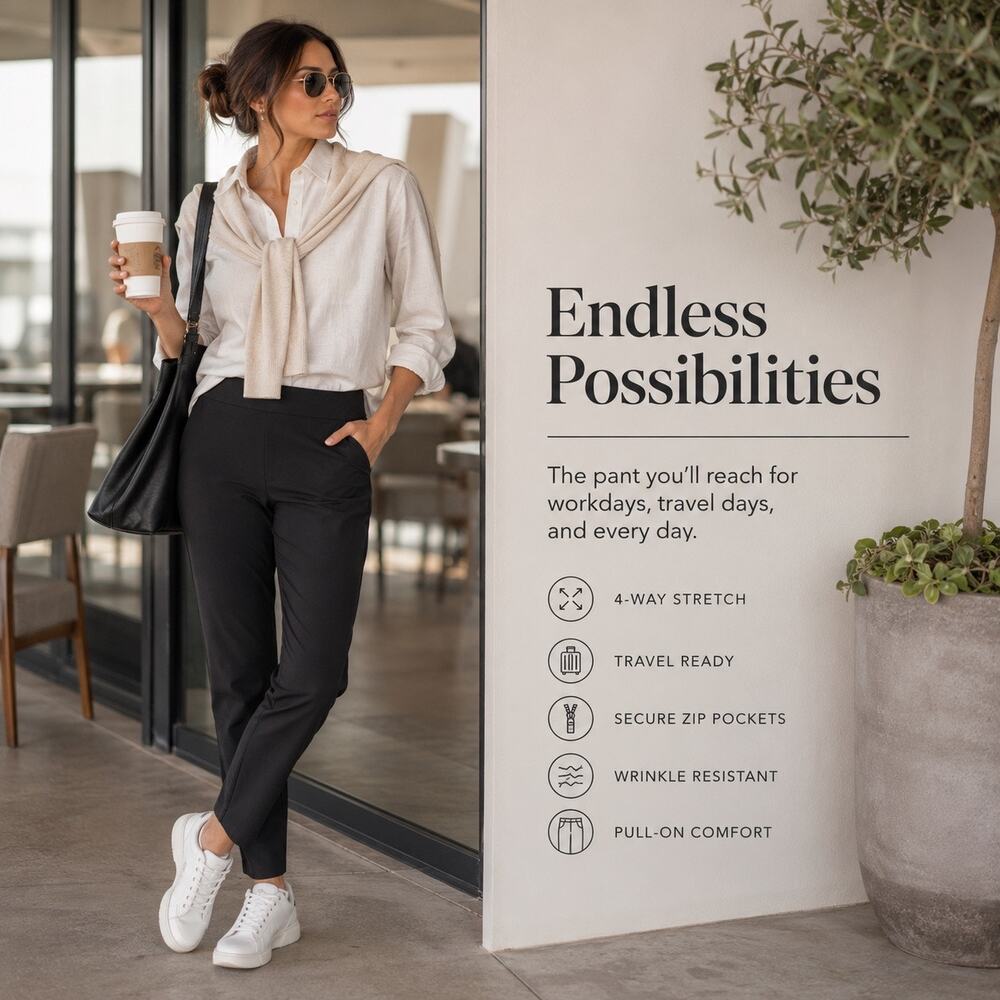Athleta Endless Pant Black Size 8 Stretch Pull On Work Travel Trouser Zip Pocket